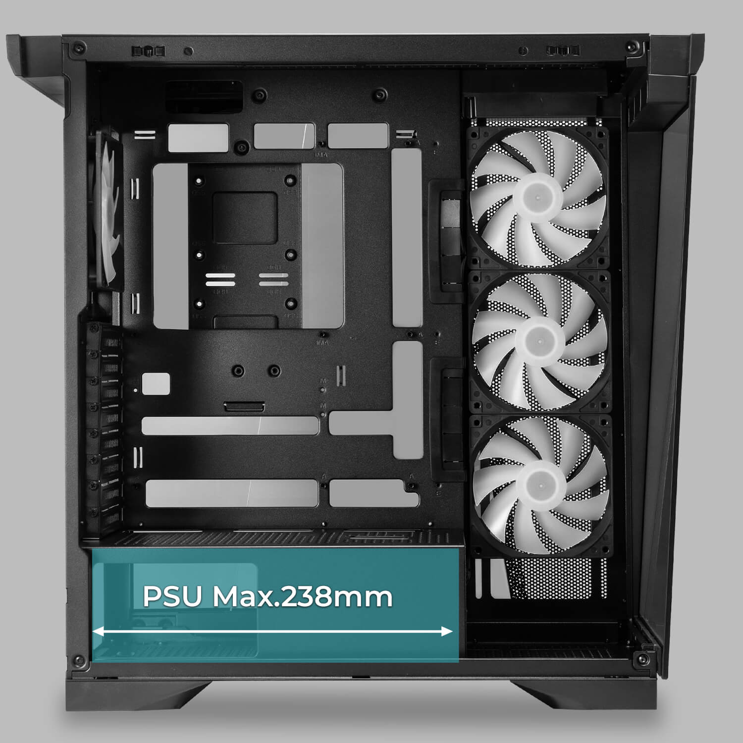 W50 支援最長 238mm ATX 電源供應器並提供通風 PSU 遮蓋