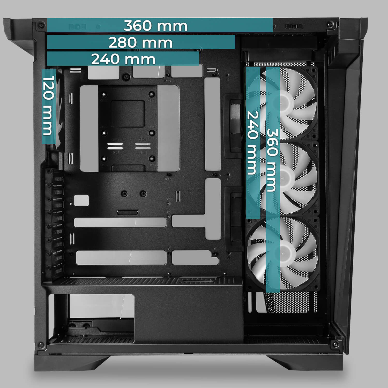 W50 支援頂部與側邊最高 360mm 水冷排提供彈性水冷配置